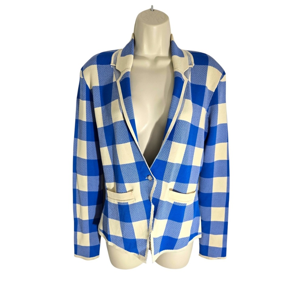 Anthropologie Blue Cream Buffalo Plaid Knit Blazer Cardigan Jacket XS